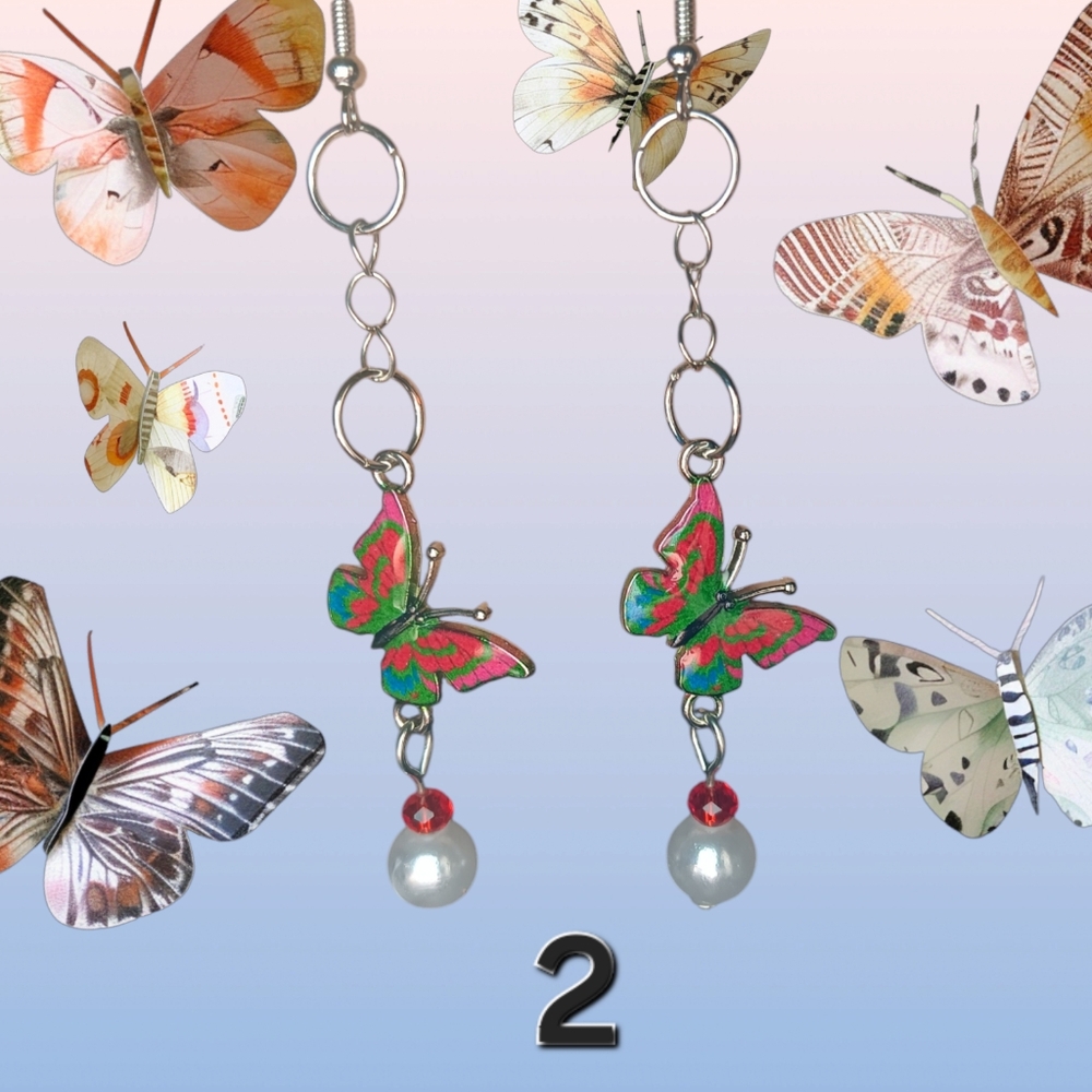 Butterfly Dangle Earrings with Pearl Accents - Picture 3 of 9